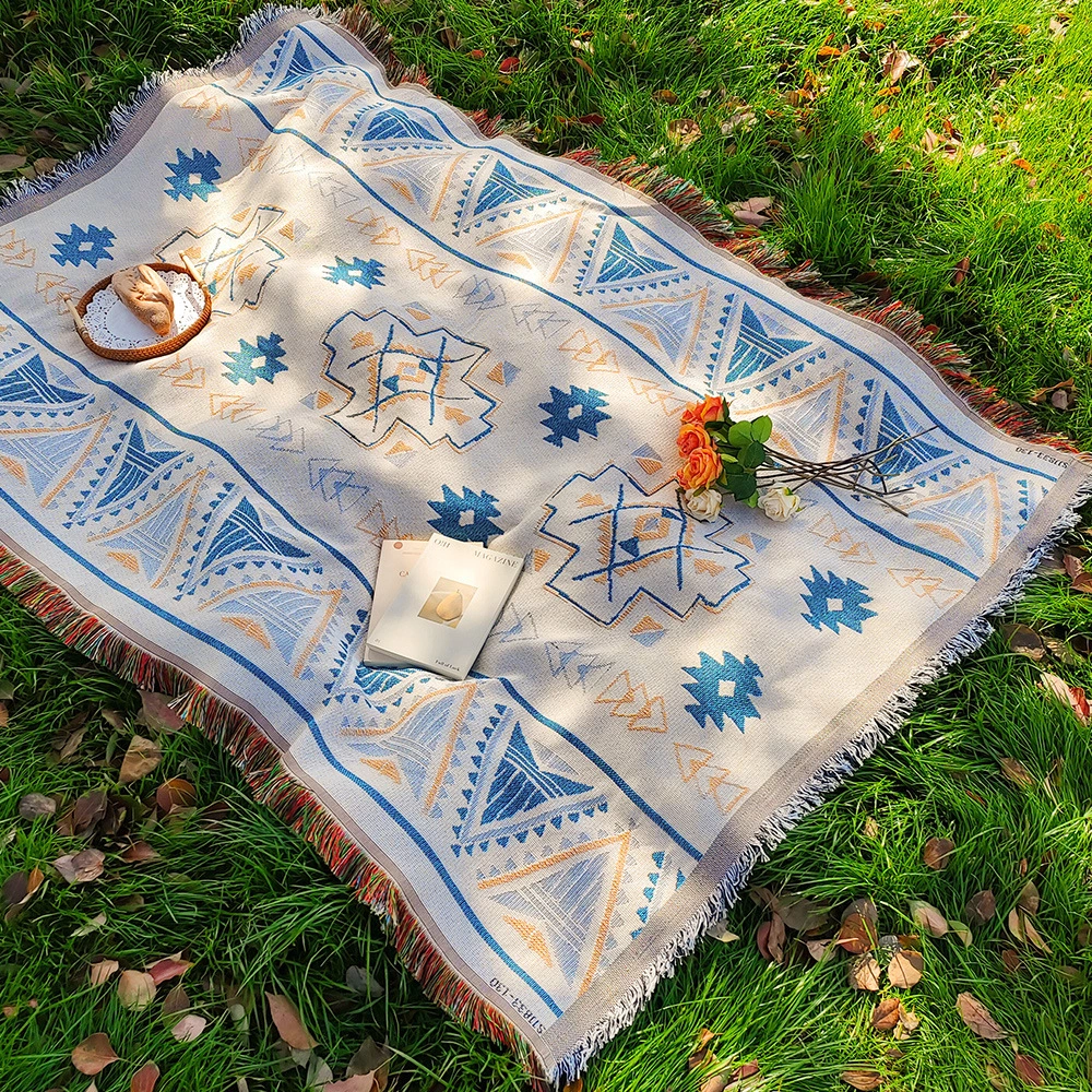 Bohemian Tassel Picnic Blanket, Boho Geometric Woven Throw Blanket for Outdoor Camping, Beach, Sofa Decor